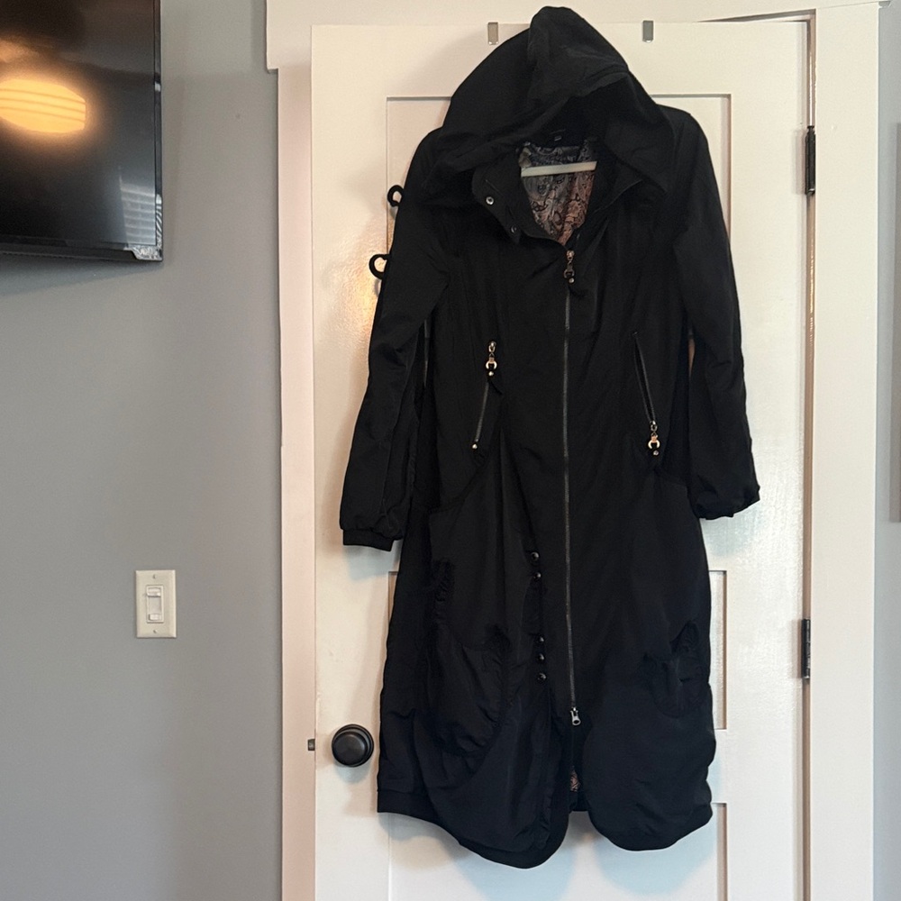Long Black Hooded Trench Coat with Zip and Drawstring